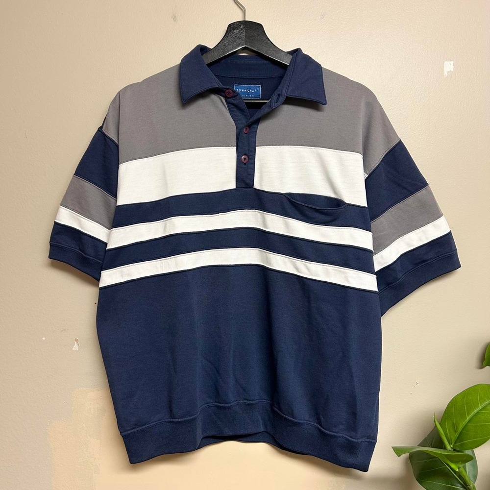 Vintage 90s Towncraft Navy Striped Rugby Polo Shirt Mens Medium Short Sleeve